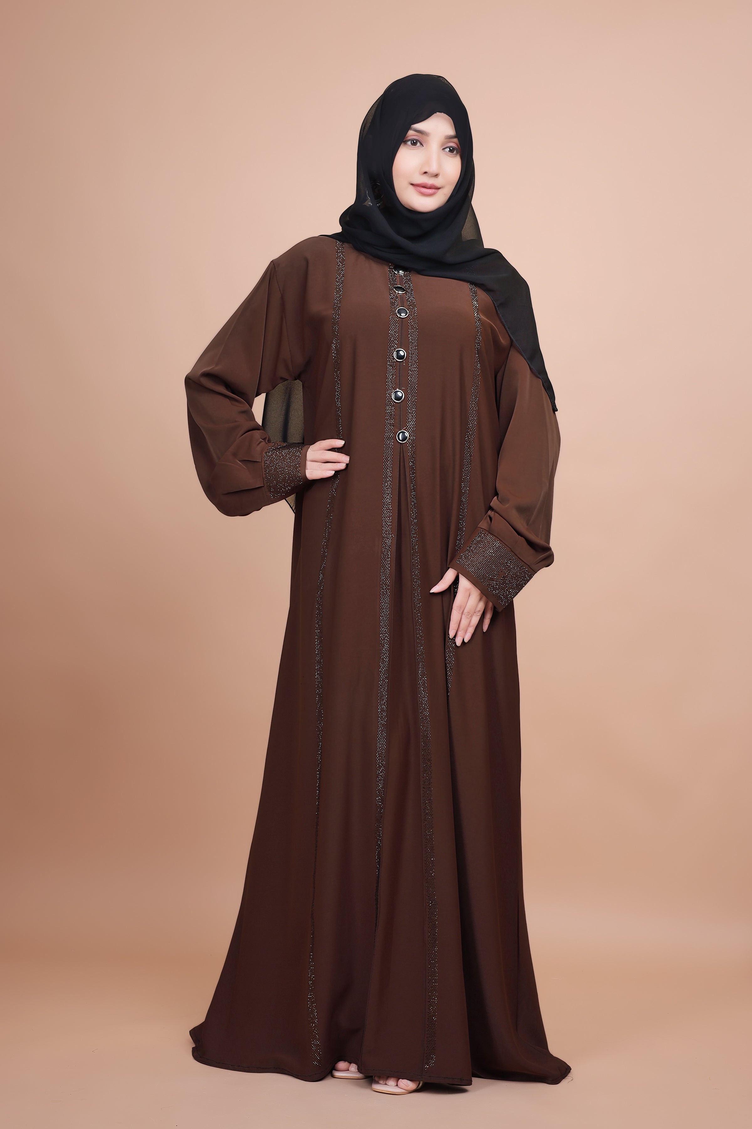Hazel Radiance – Stone Work Front-Open Abaya