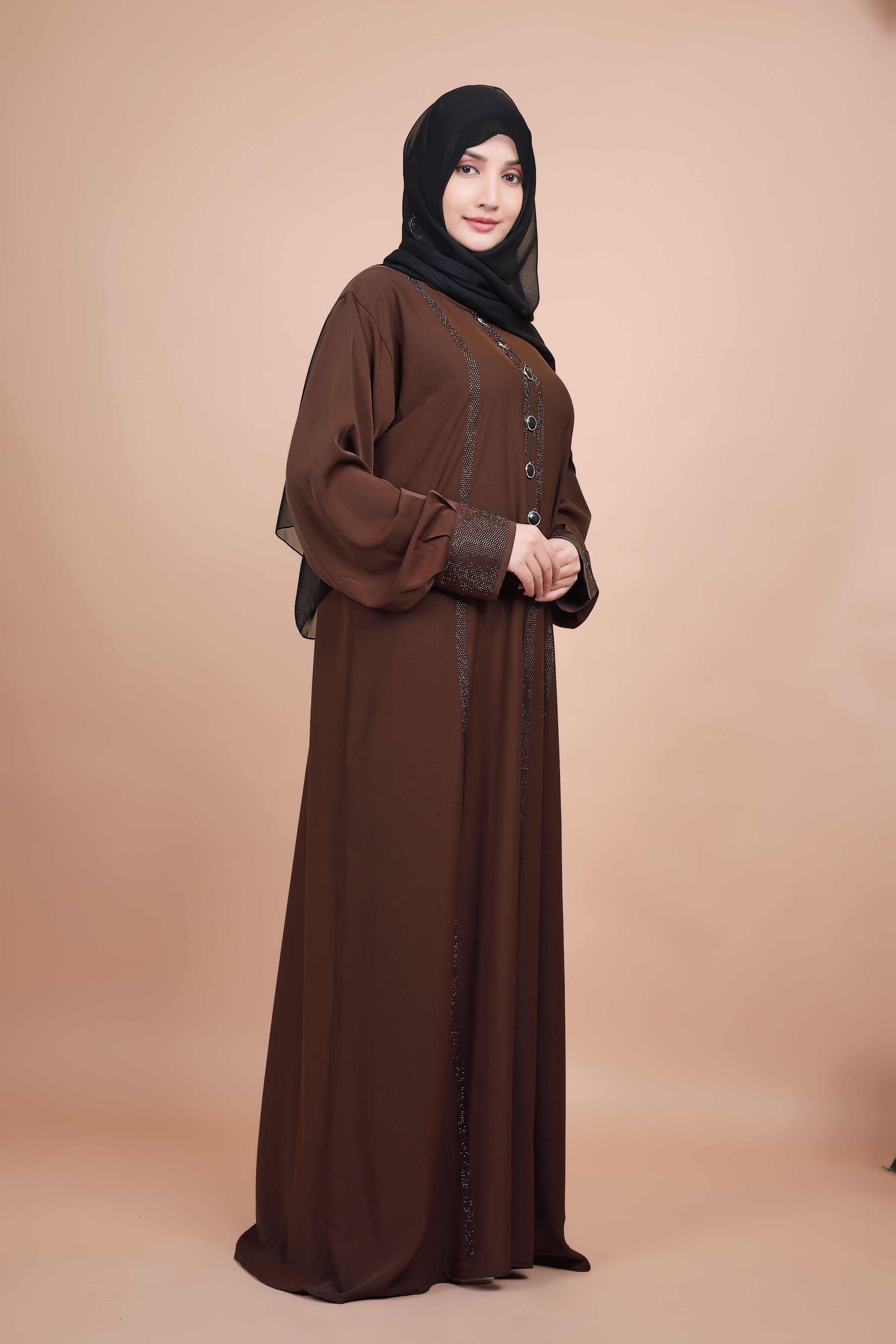 Hazel Radiance – Stone Work Front-Open Abaya