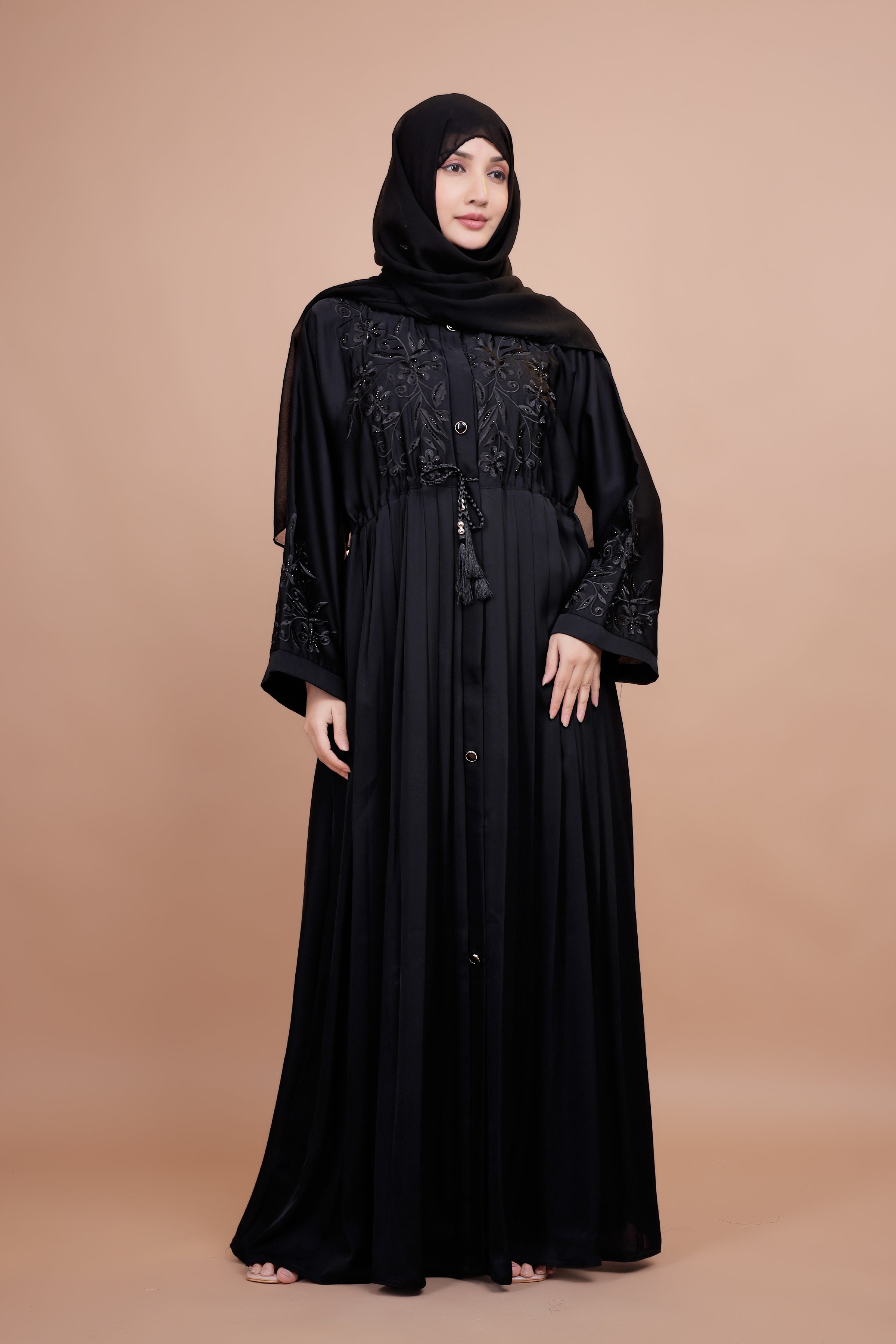 Midnight Bloom Pleated Abaya