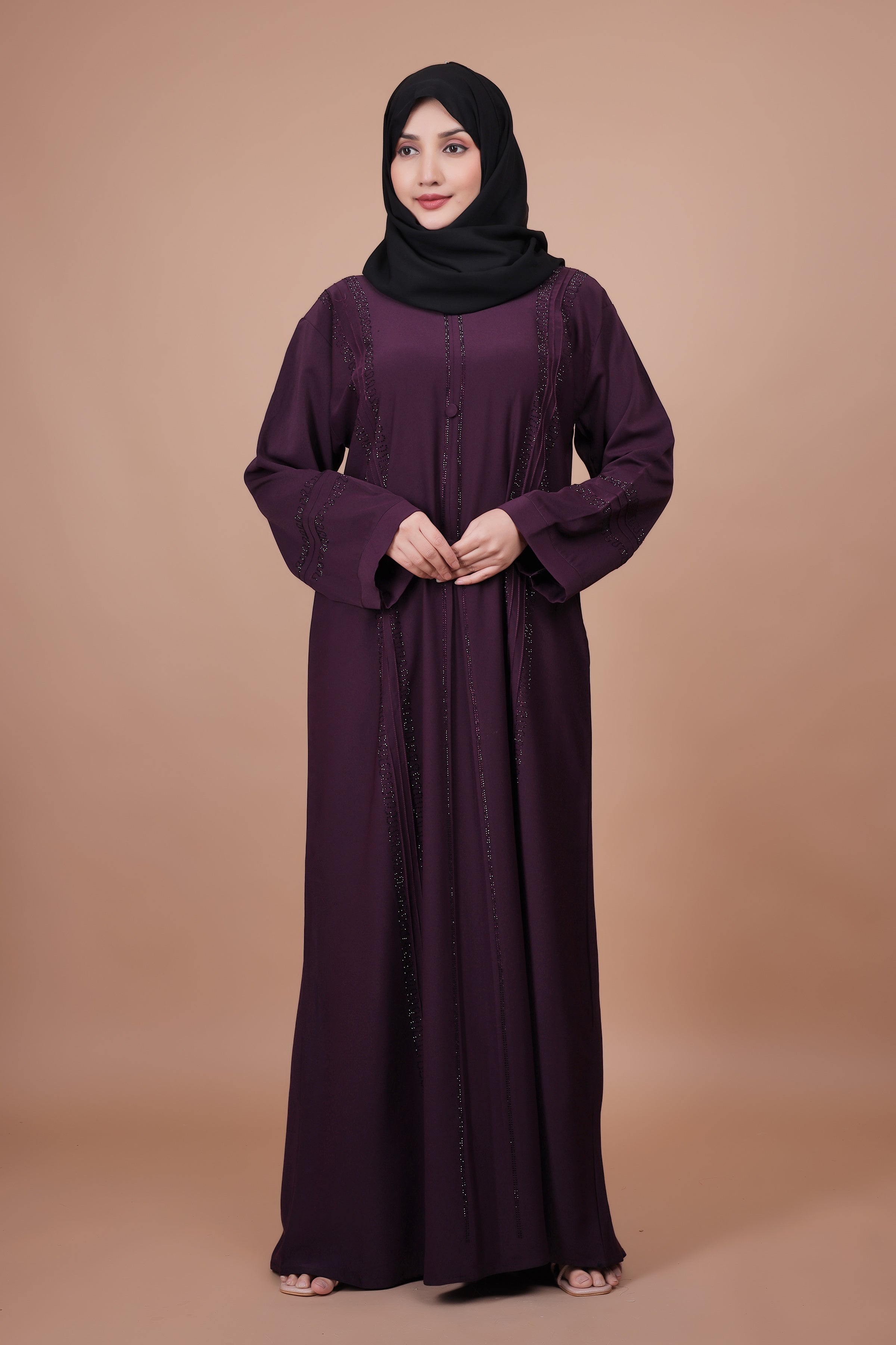 Aubergine Aura – Stone-Embellished Classic Abaya