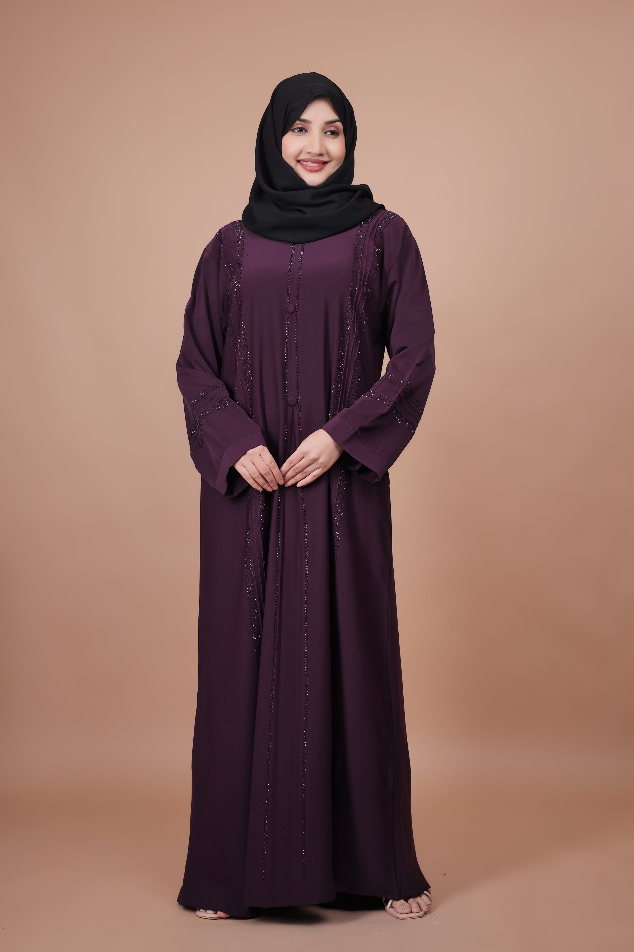 Aubergine Aura – Stone-Embellished Classic Abaya
