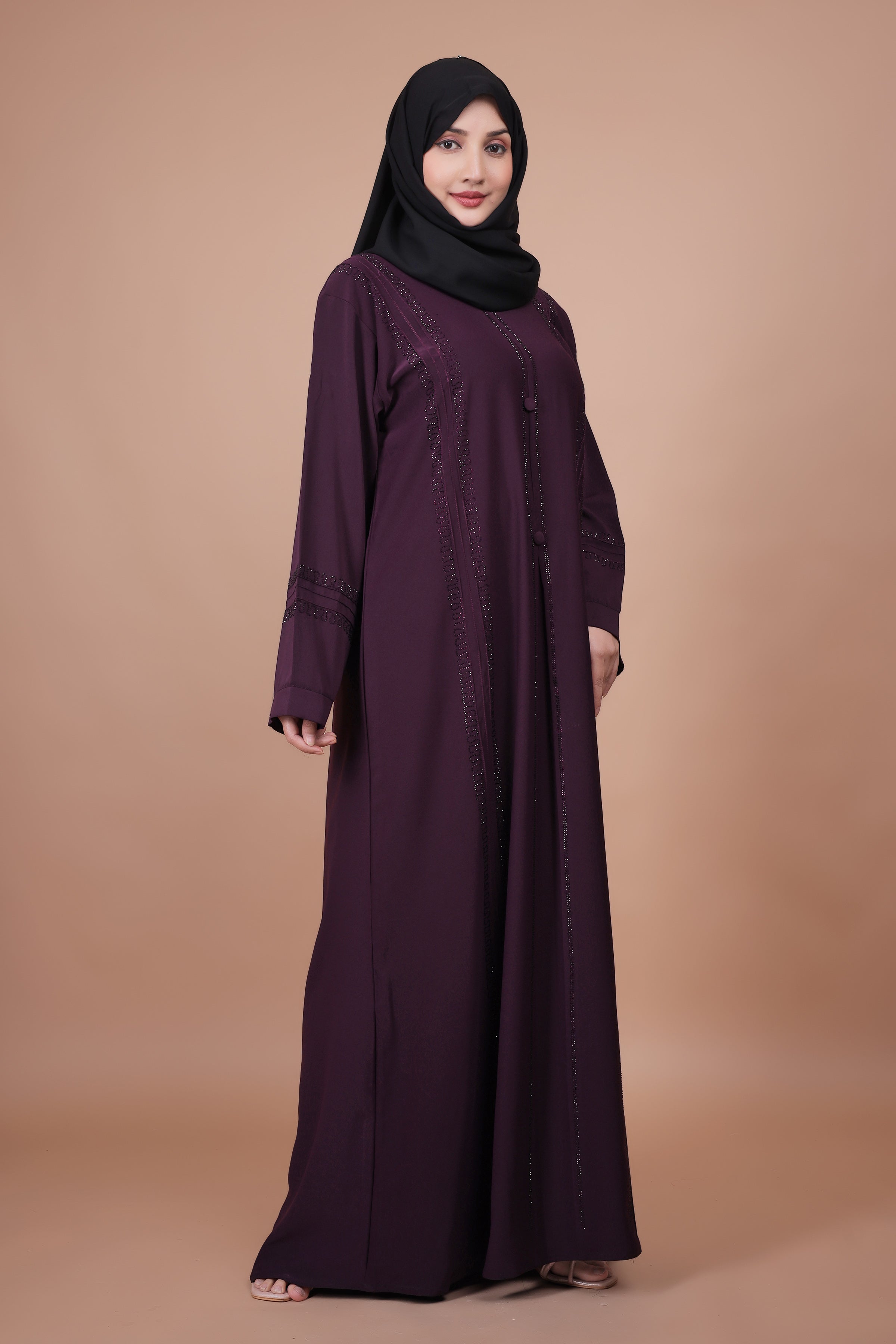 Aubergine Aura – Stone-Embellished Classic Abaya