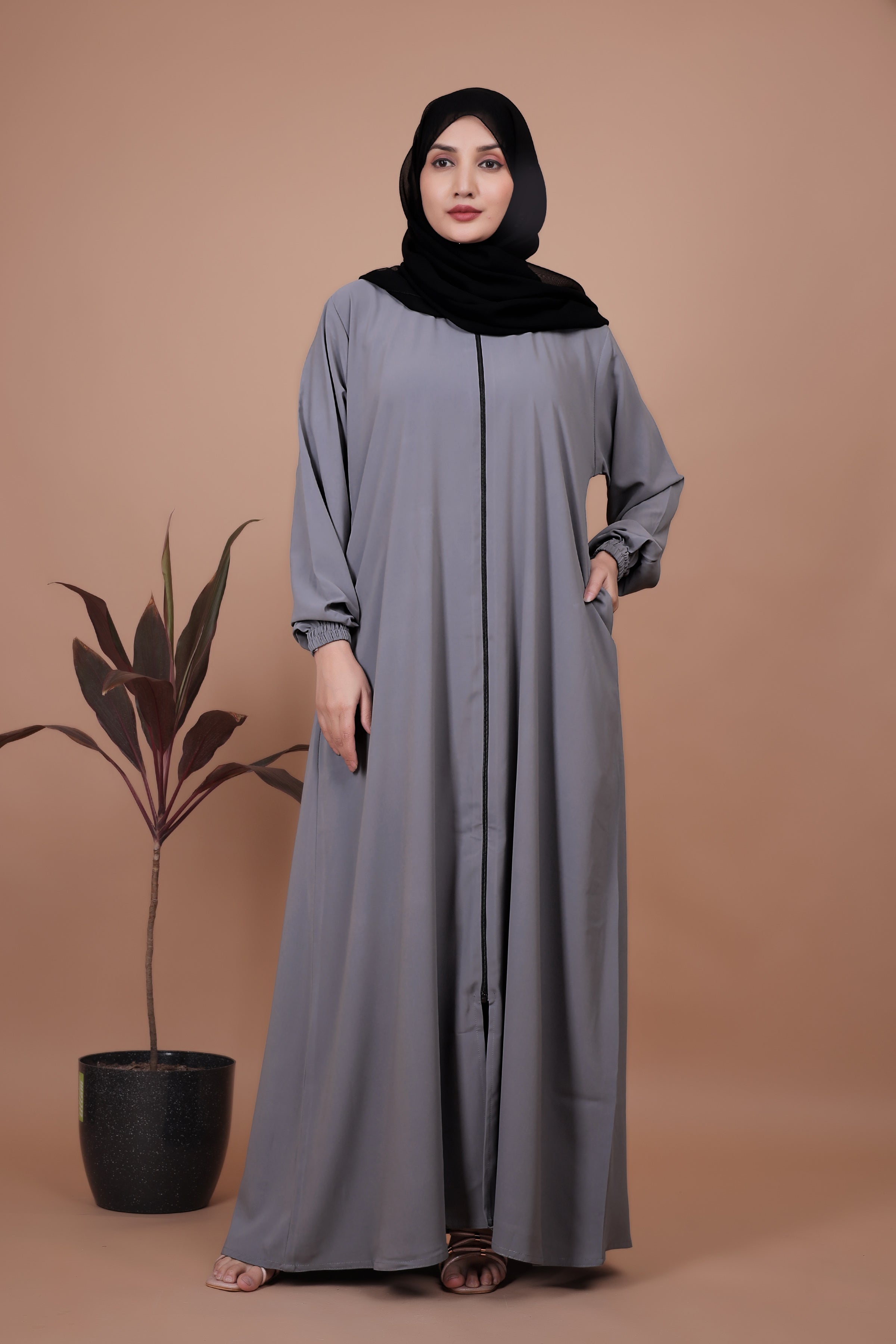 Classic Grey Front-Open Abaya with Pocket Detailing