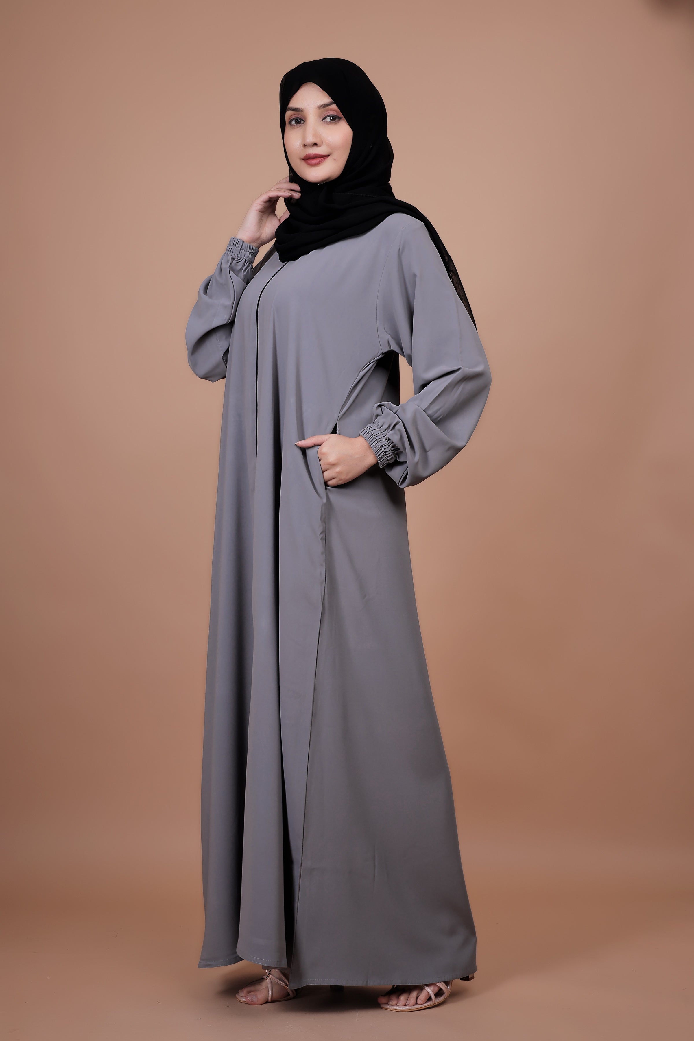 Classic Grey Front-Open Abaya with Pocket Detailing