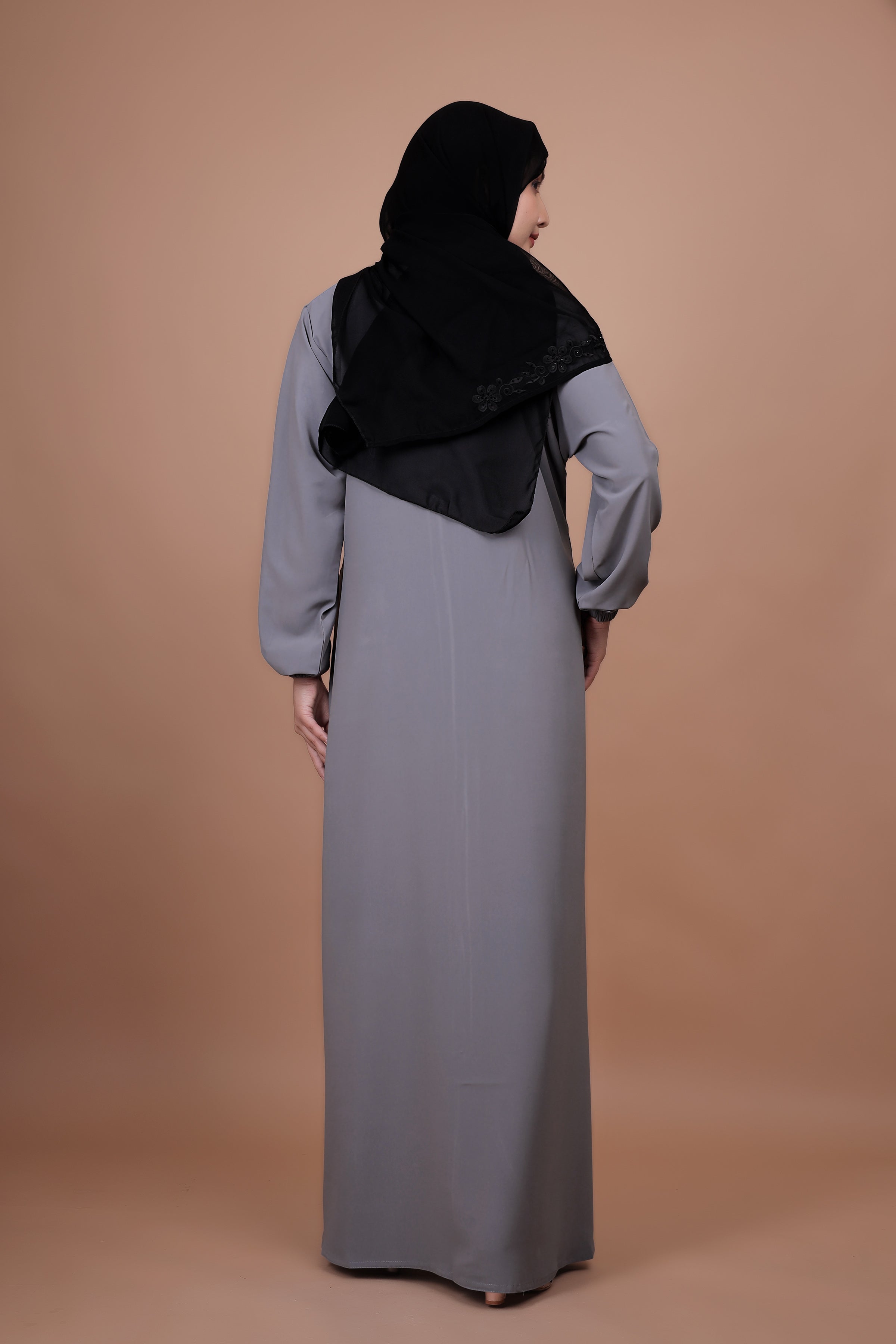 Classic Grey Front-Open Abaya with Pocket Detailing
