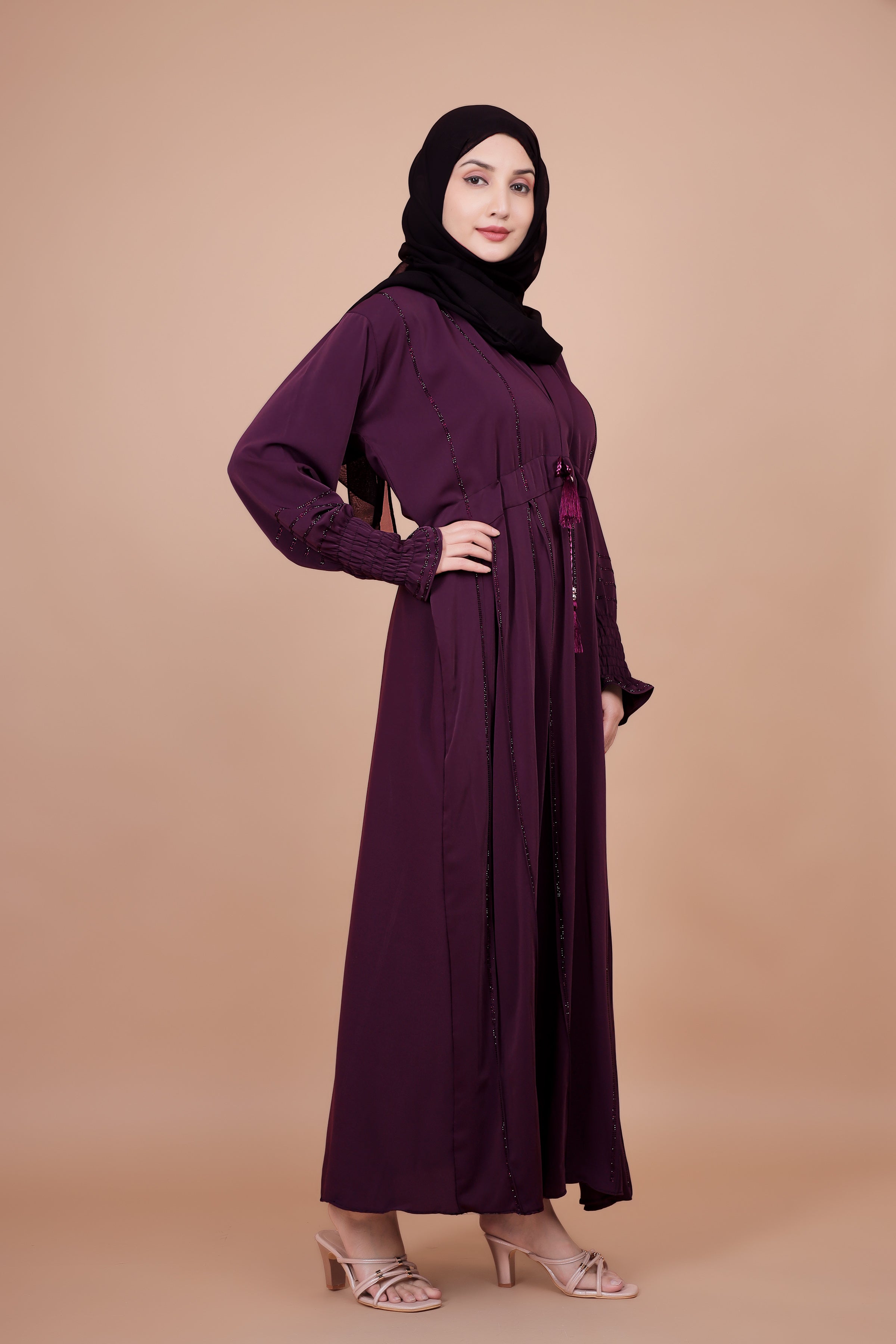 Royal Plum Embroidered Abaya with Waist Tassel