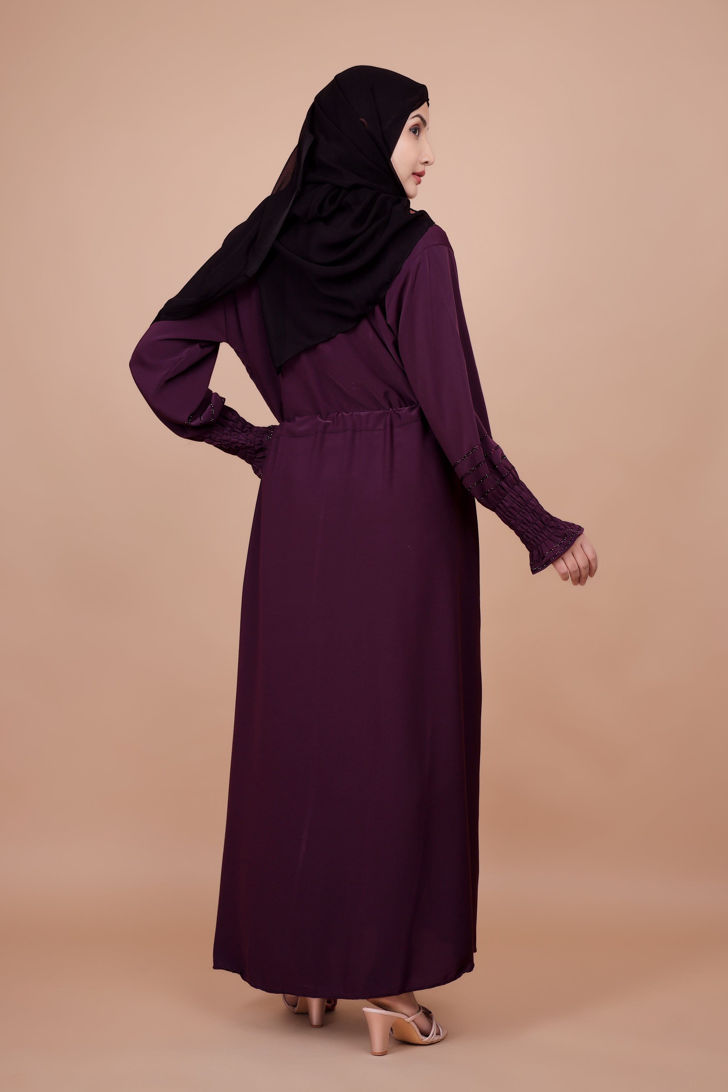 Royal Plum Embroidered Abaya with Waist Tassel