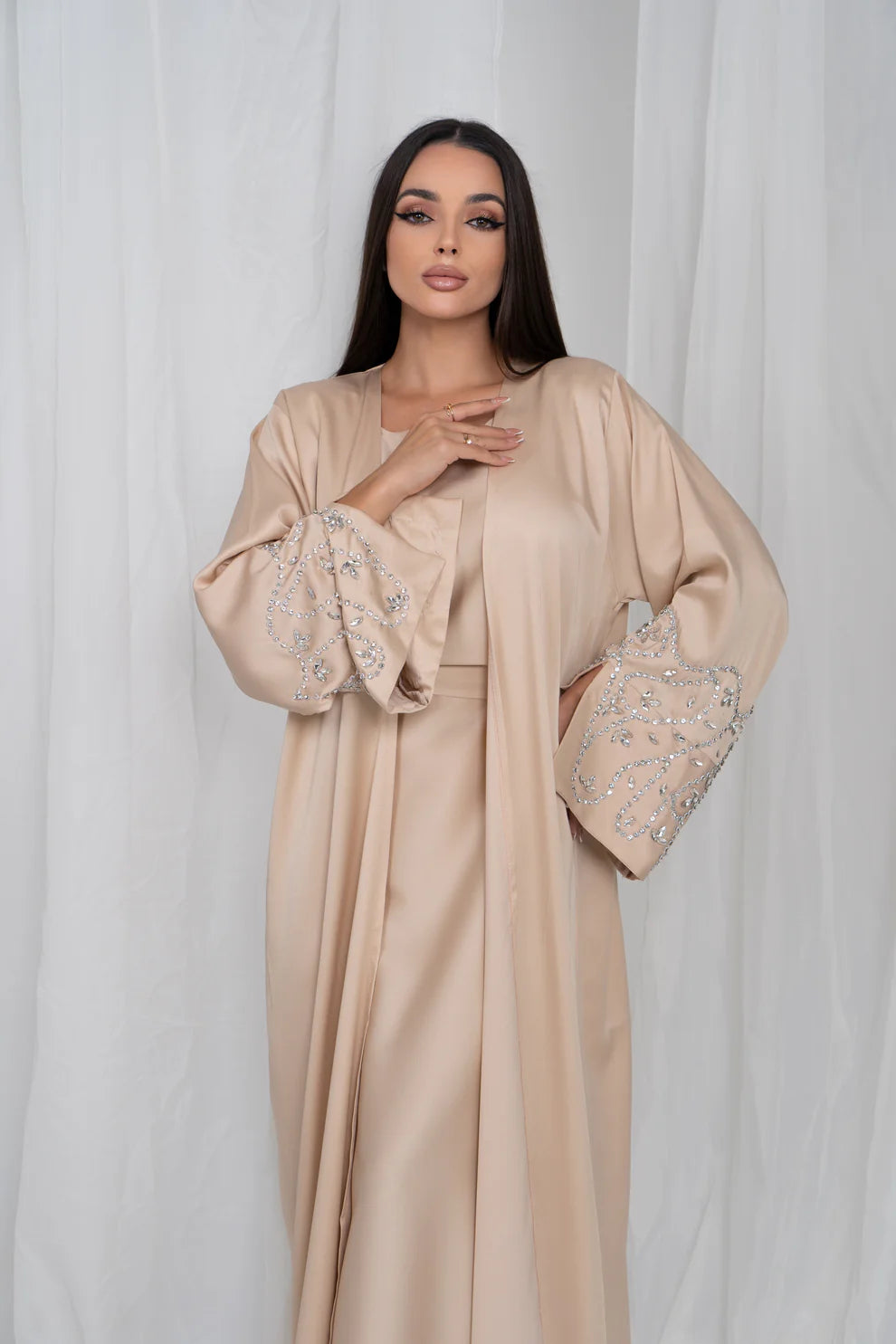 Embellished Sleeves Abaya Set - Beige
