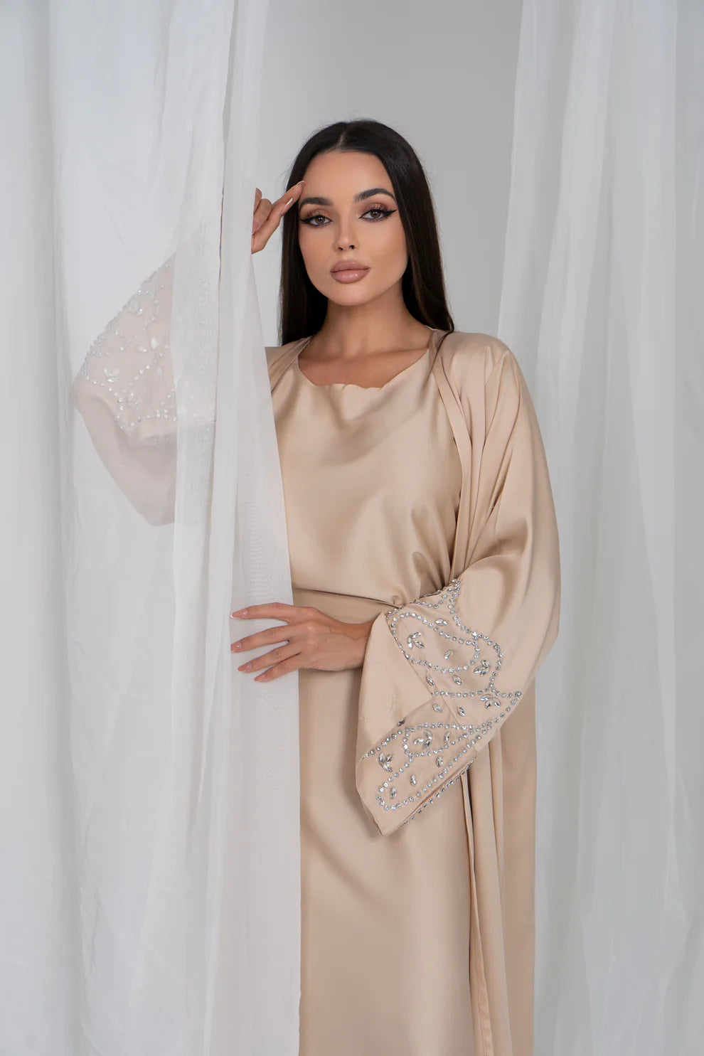 Embellished Sleeves Abaya Set - Beige