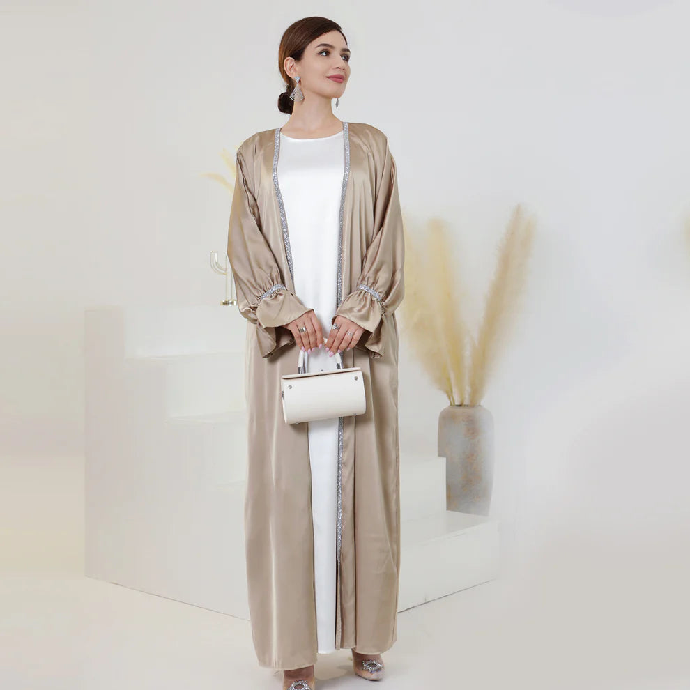 Elegant Satin Open Abaya with Crystal Trim