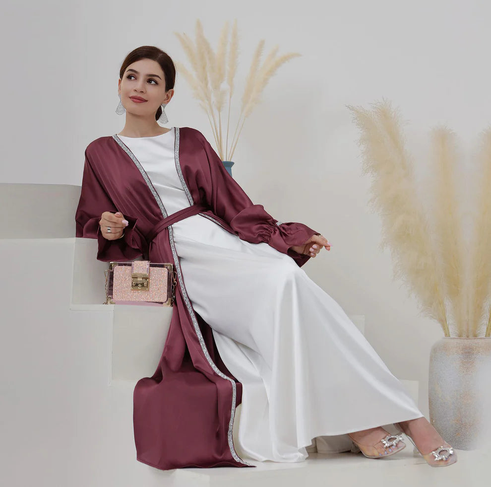 Elegant Satin Open Abaya with Crystal Trim