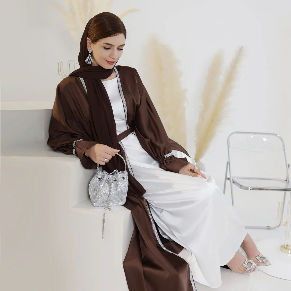 Elegant Satin Open Abaya with Crystal Trim