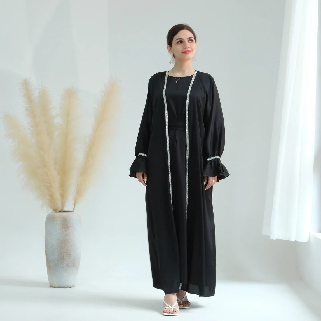Elegant Satin Open Abaya with Crystal Trim