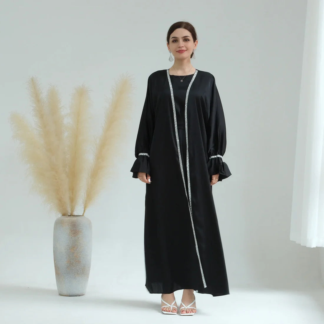 Elegant Satin Open Abaya with Crystal Trim