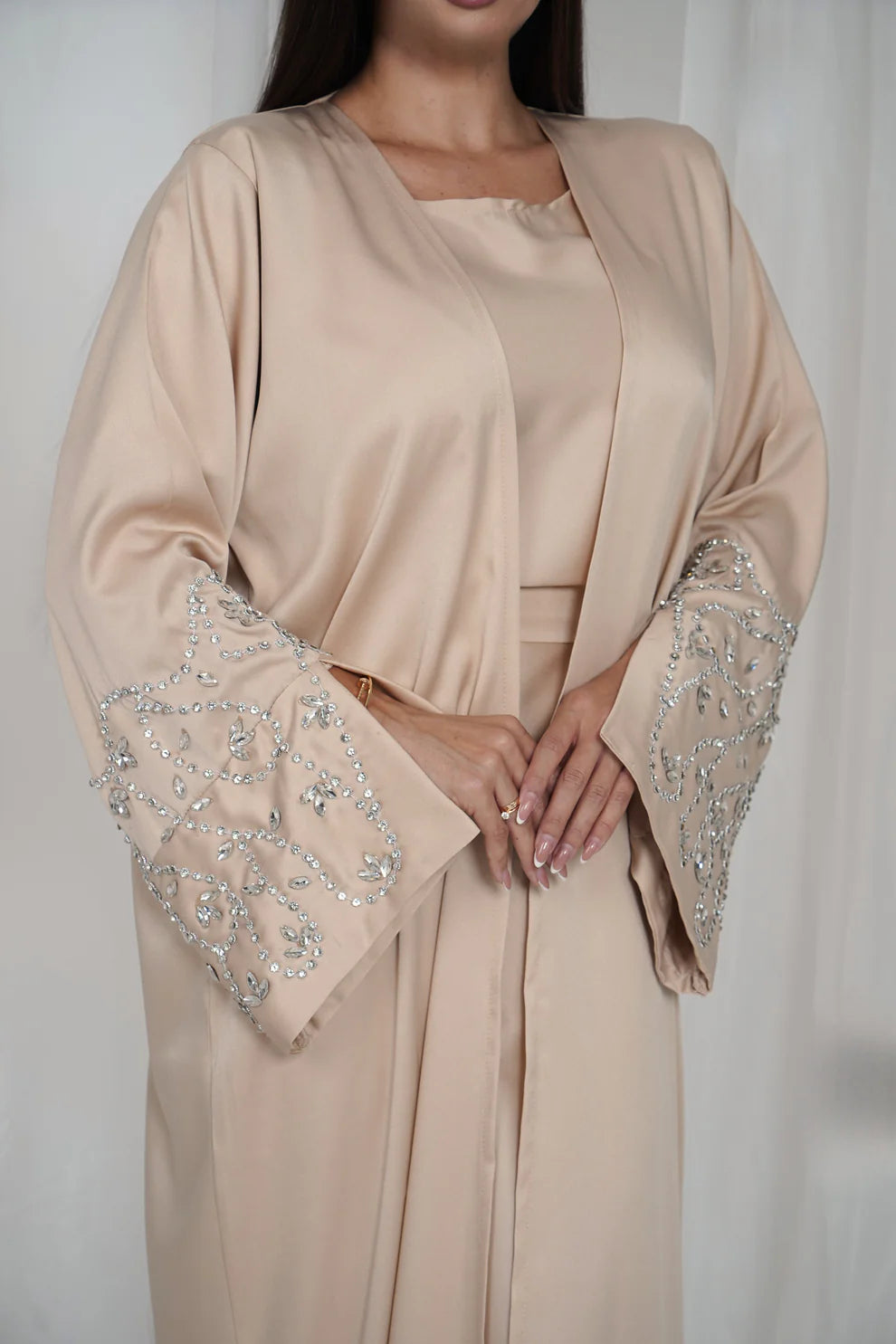 Embellished Sleeves Abaya Set - Beige
