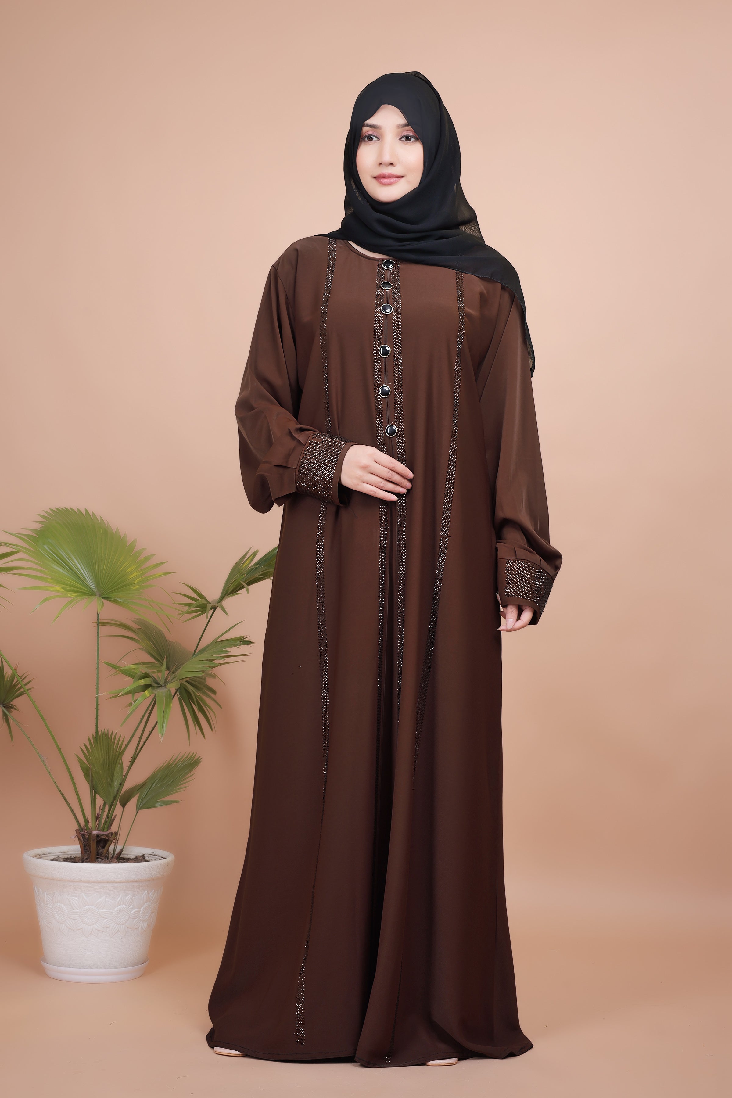 Hazel Radiance – Stone Work Front-Open Abaya