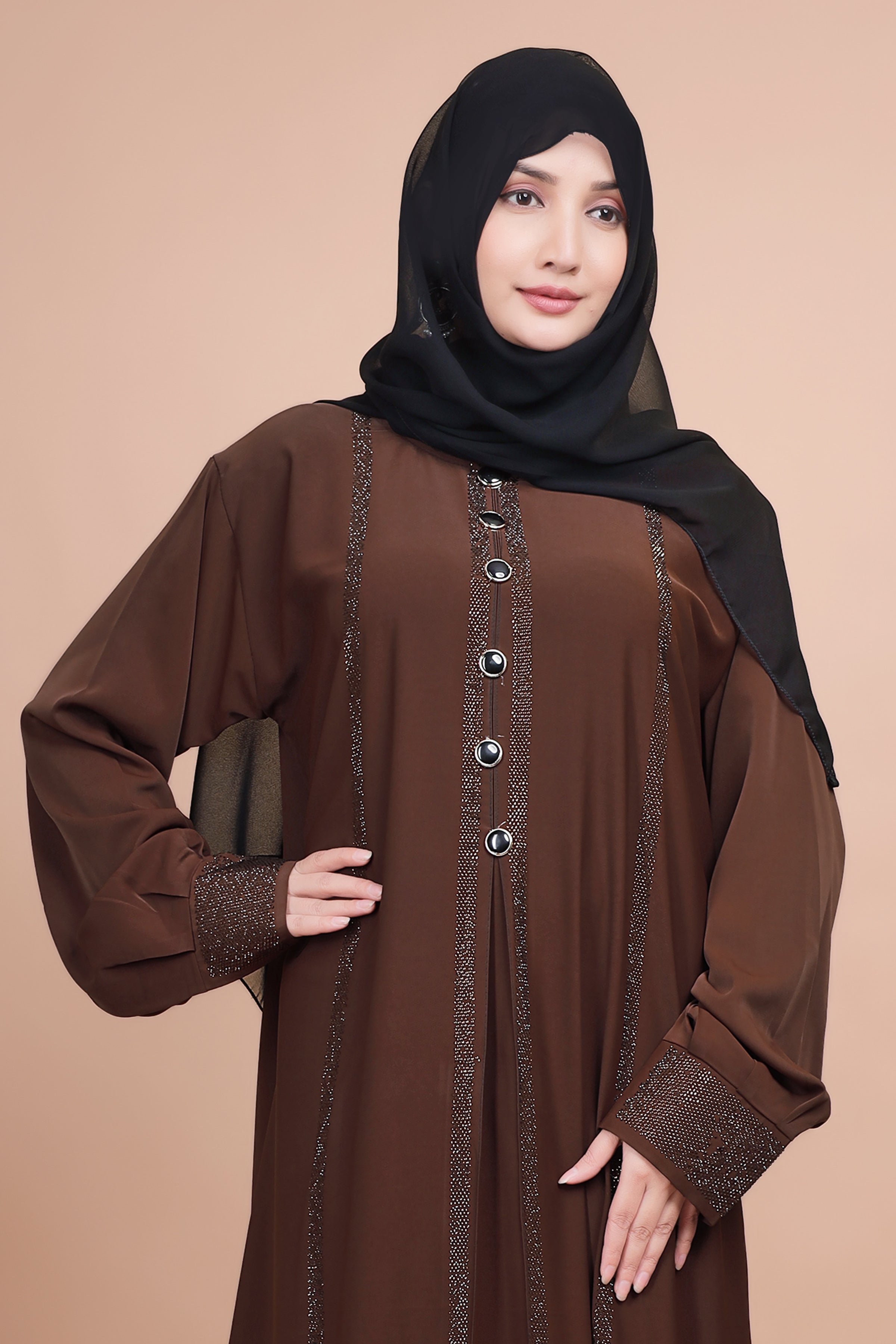 Hazel Radiance – Stone Work Front-Open Abaya