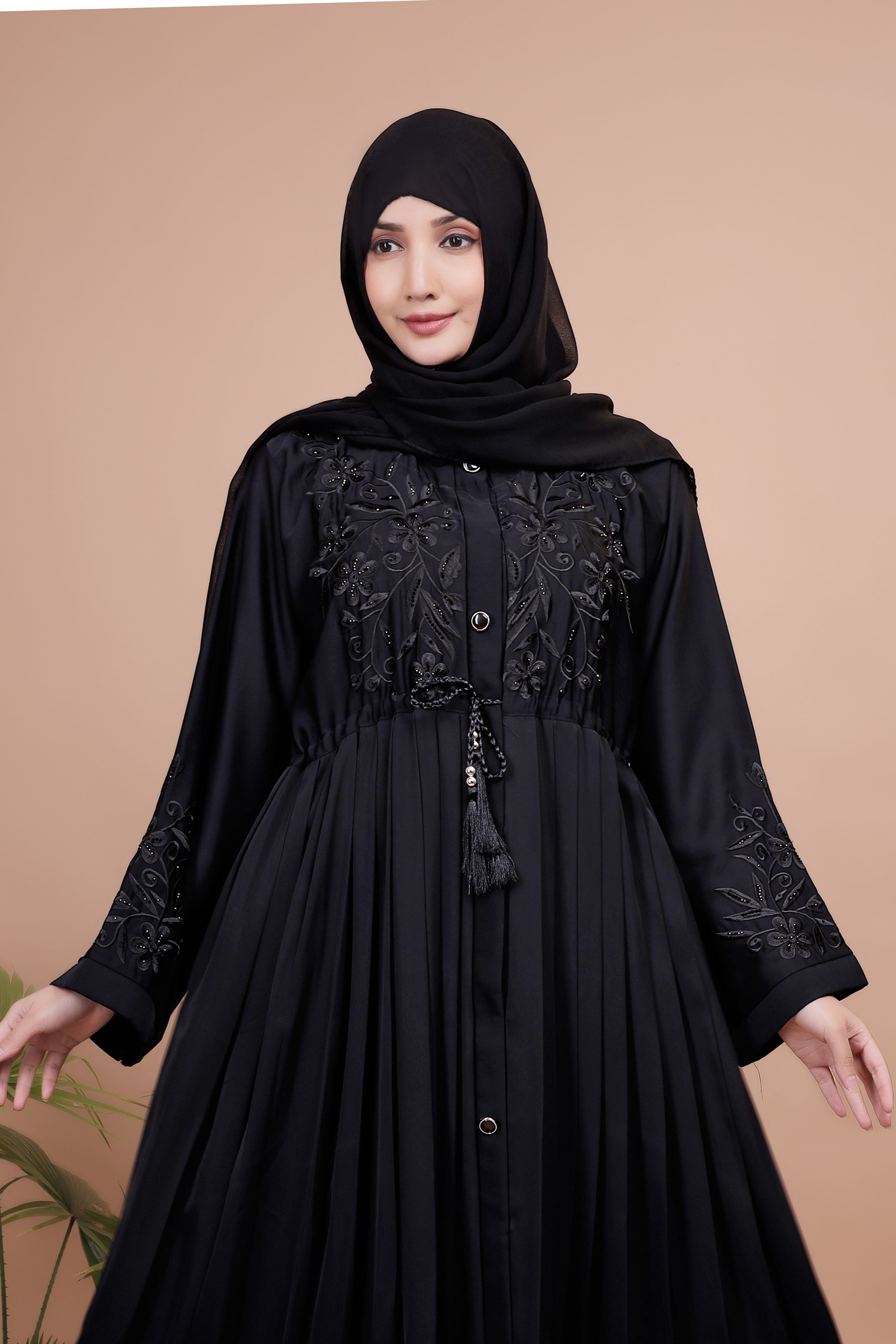 Midnight Bloom Pleated Abaya
