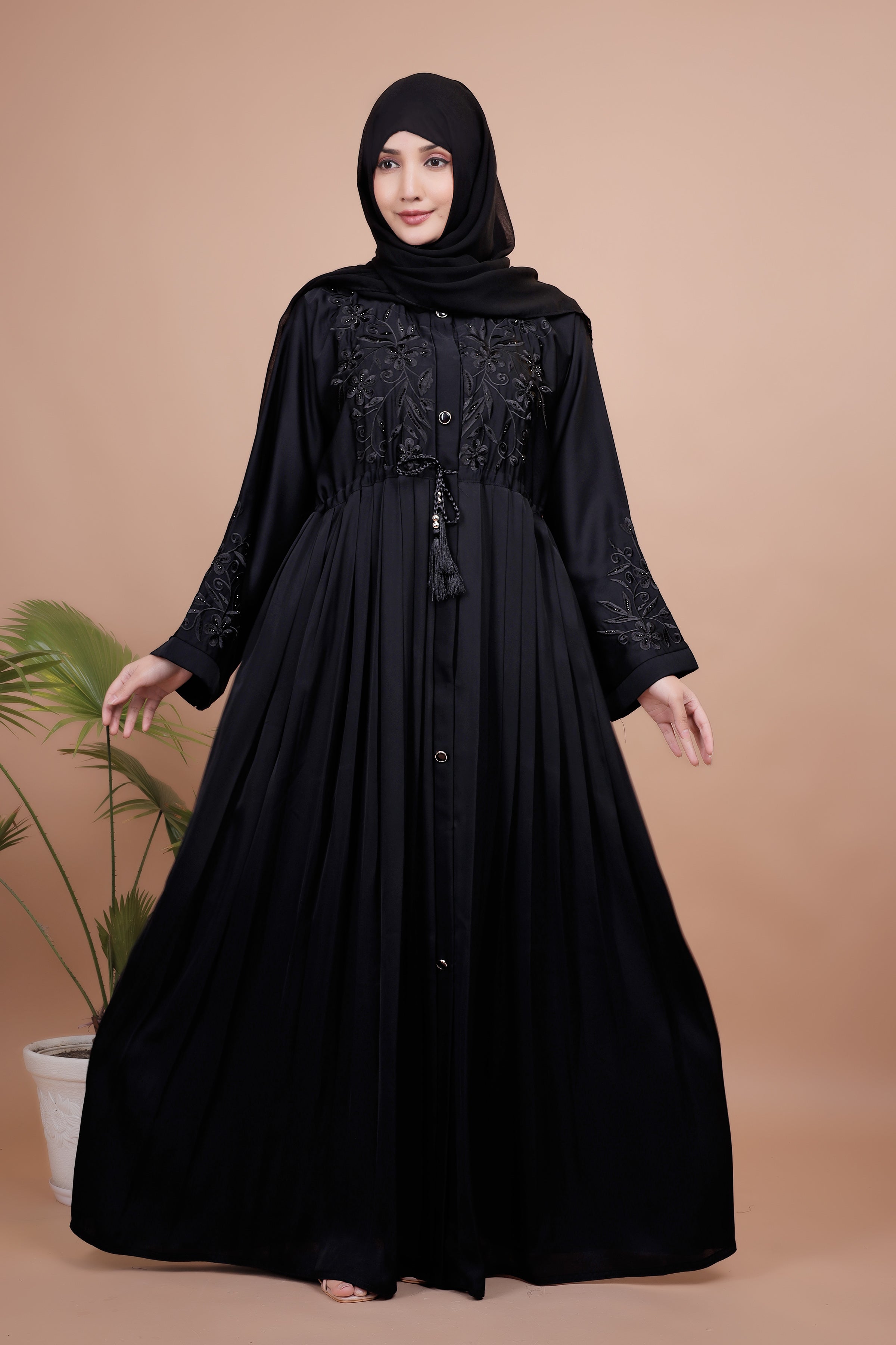 Midnight Bloom Pleated Abaya