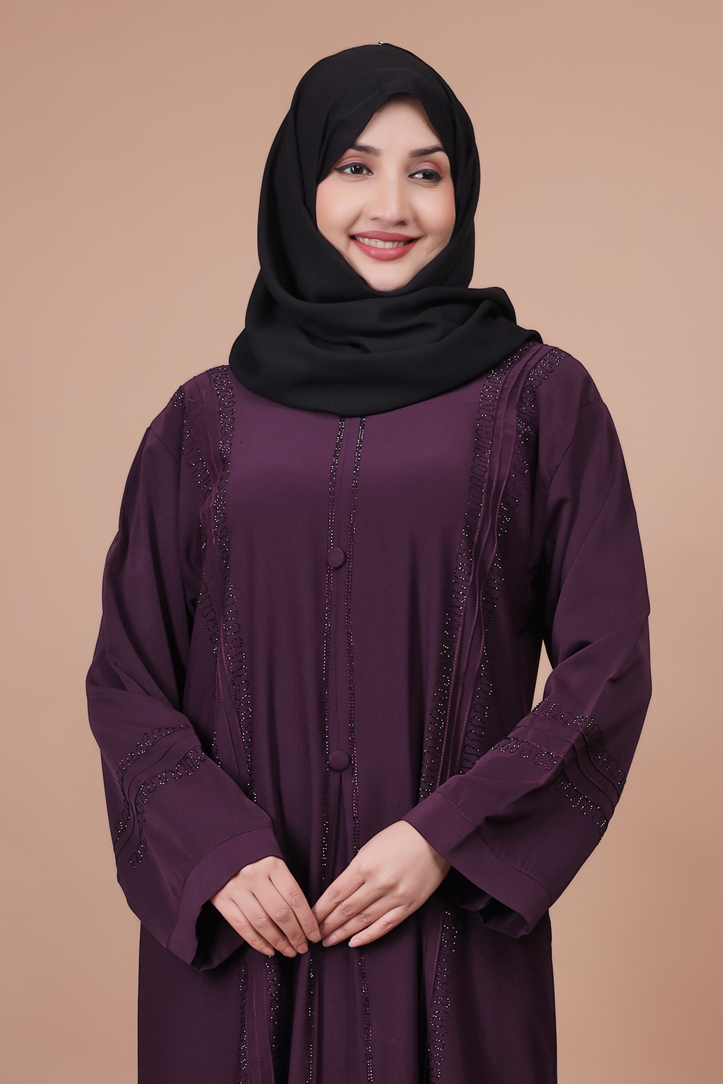 Aubergine Aura – Stone-Embellished Classic Abaya