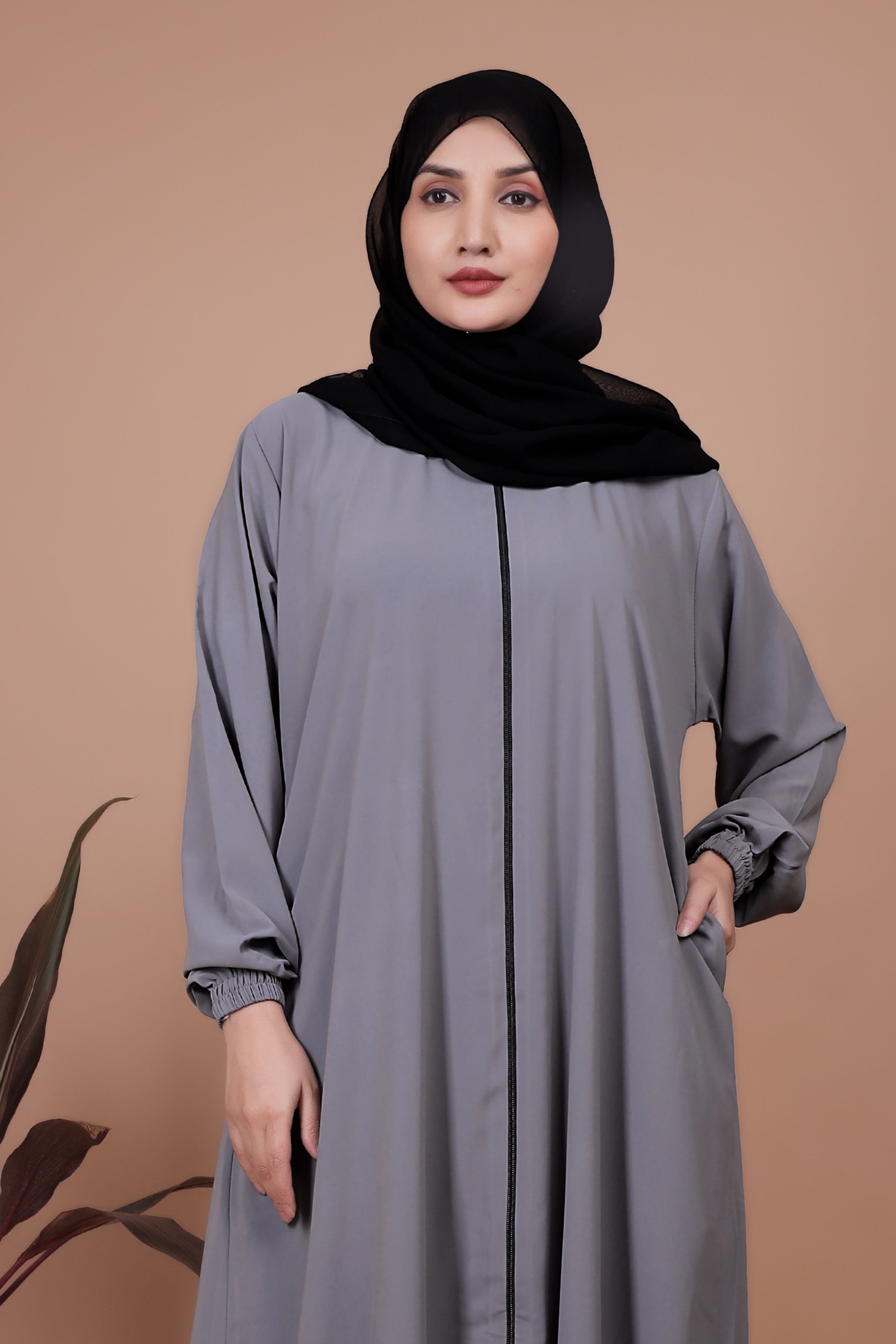 Classic Grey Front-Open Abaya with Pocket Detailing