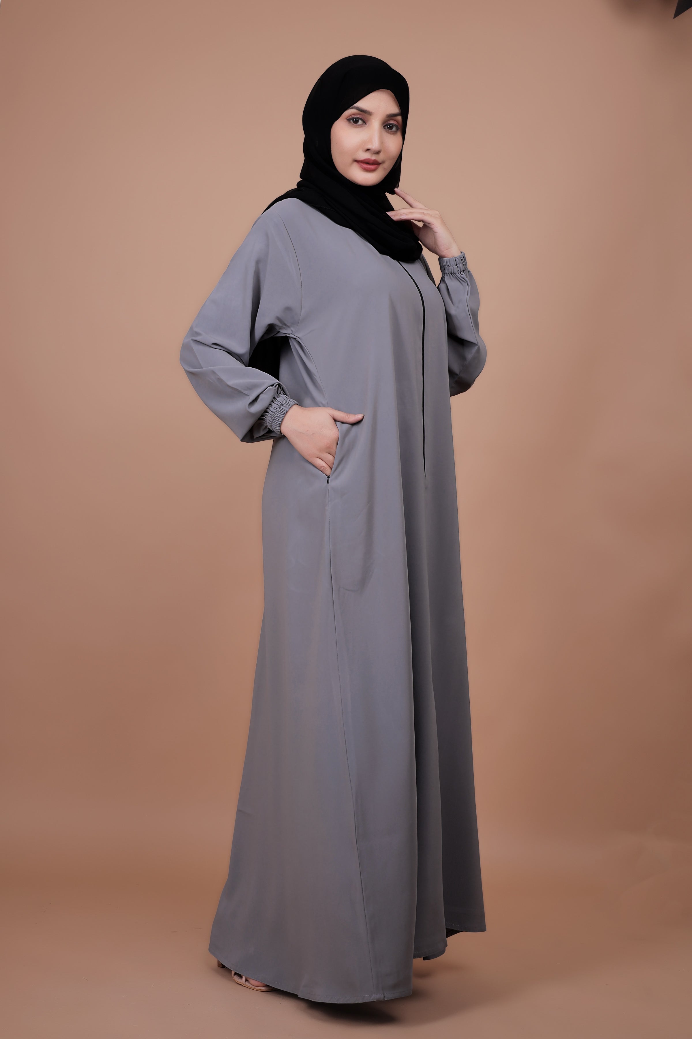 Classic Grey Front-Open Abaya with Pocket Detailing