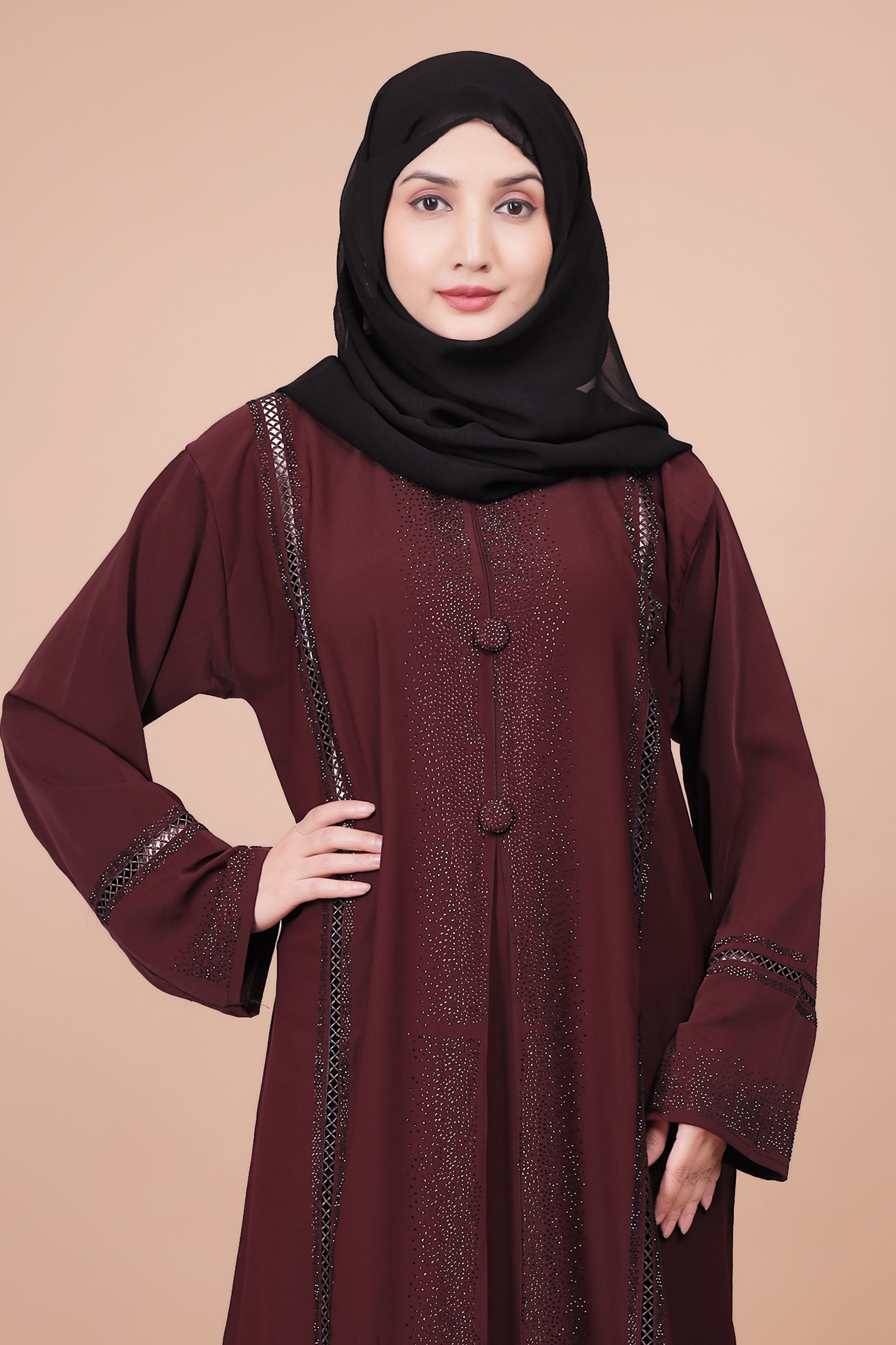 Elegant Maroon Embellished Abaya