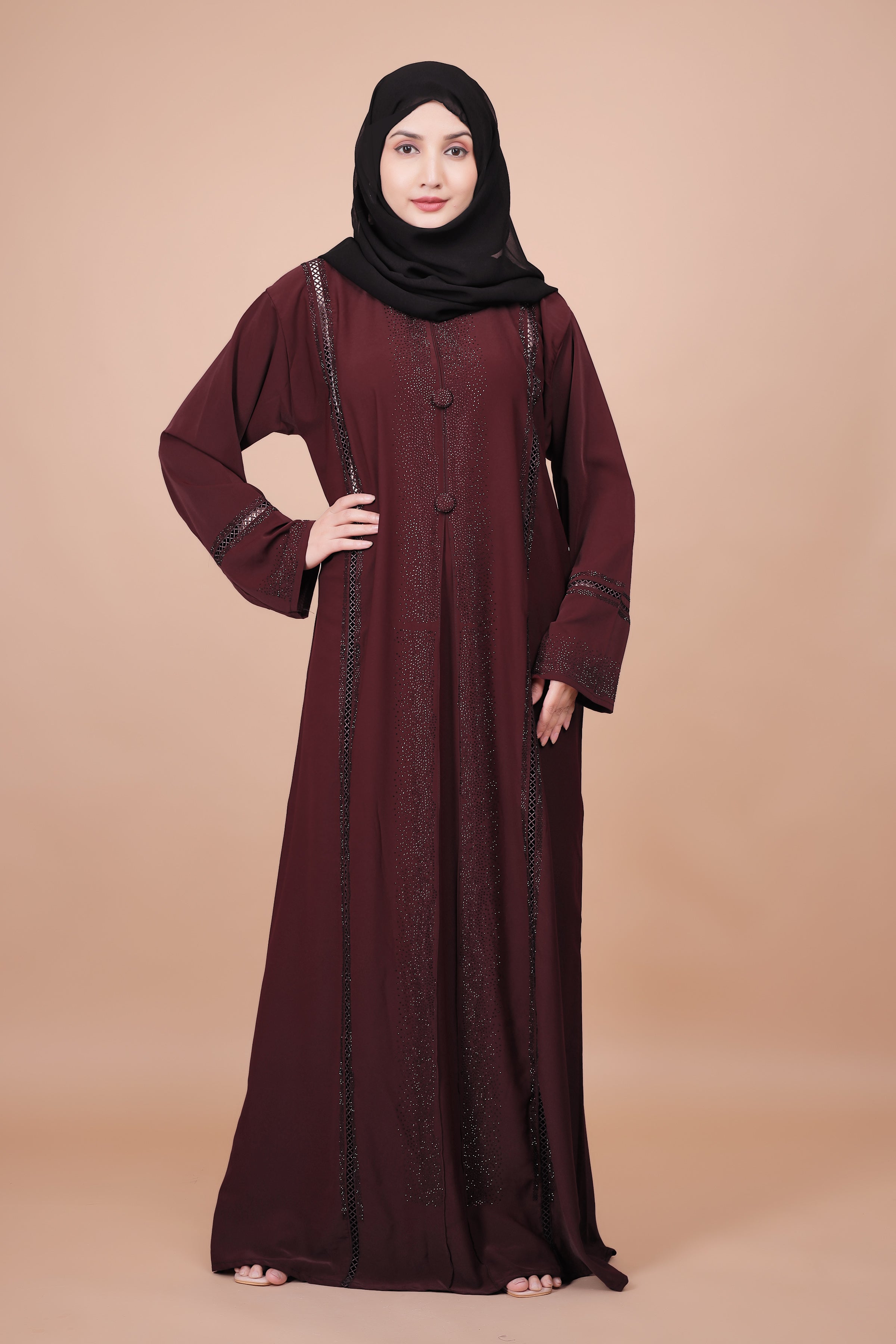 Elegant Maroon Embellished Abaya