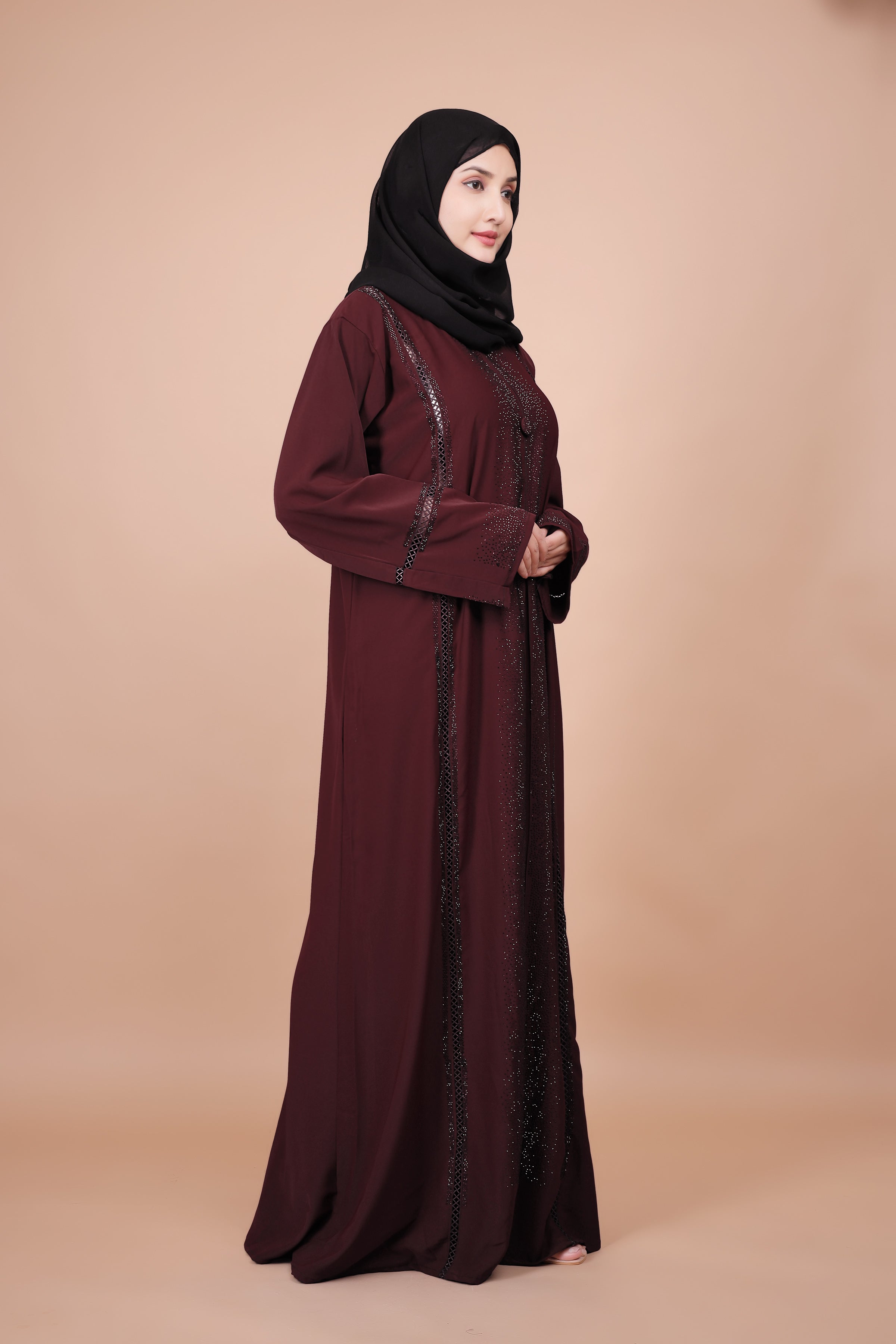 Elegant Maroon Embellished Abaya