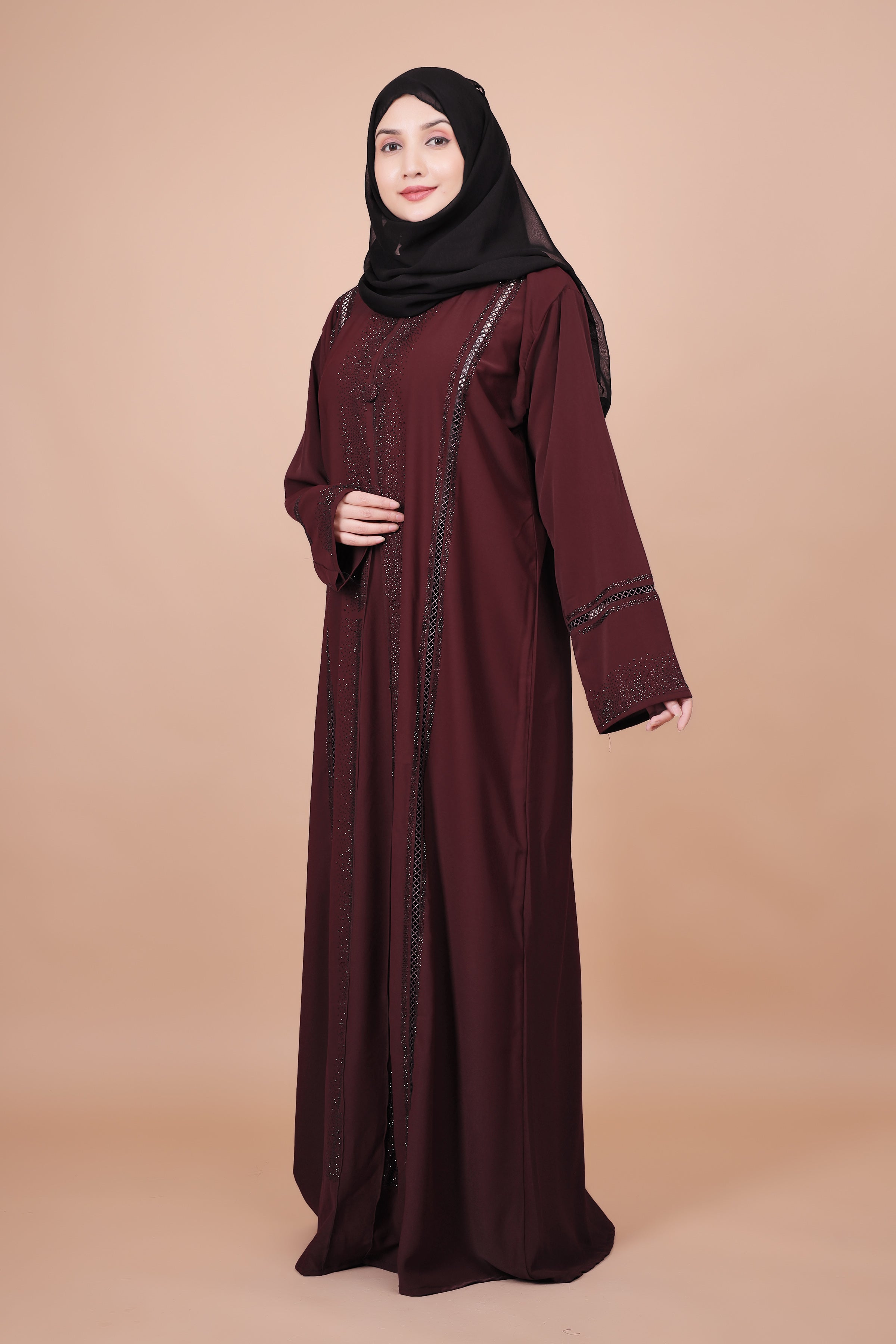 Elegant Maroon Embellished Abaya