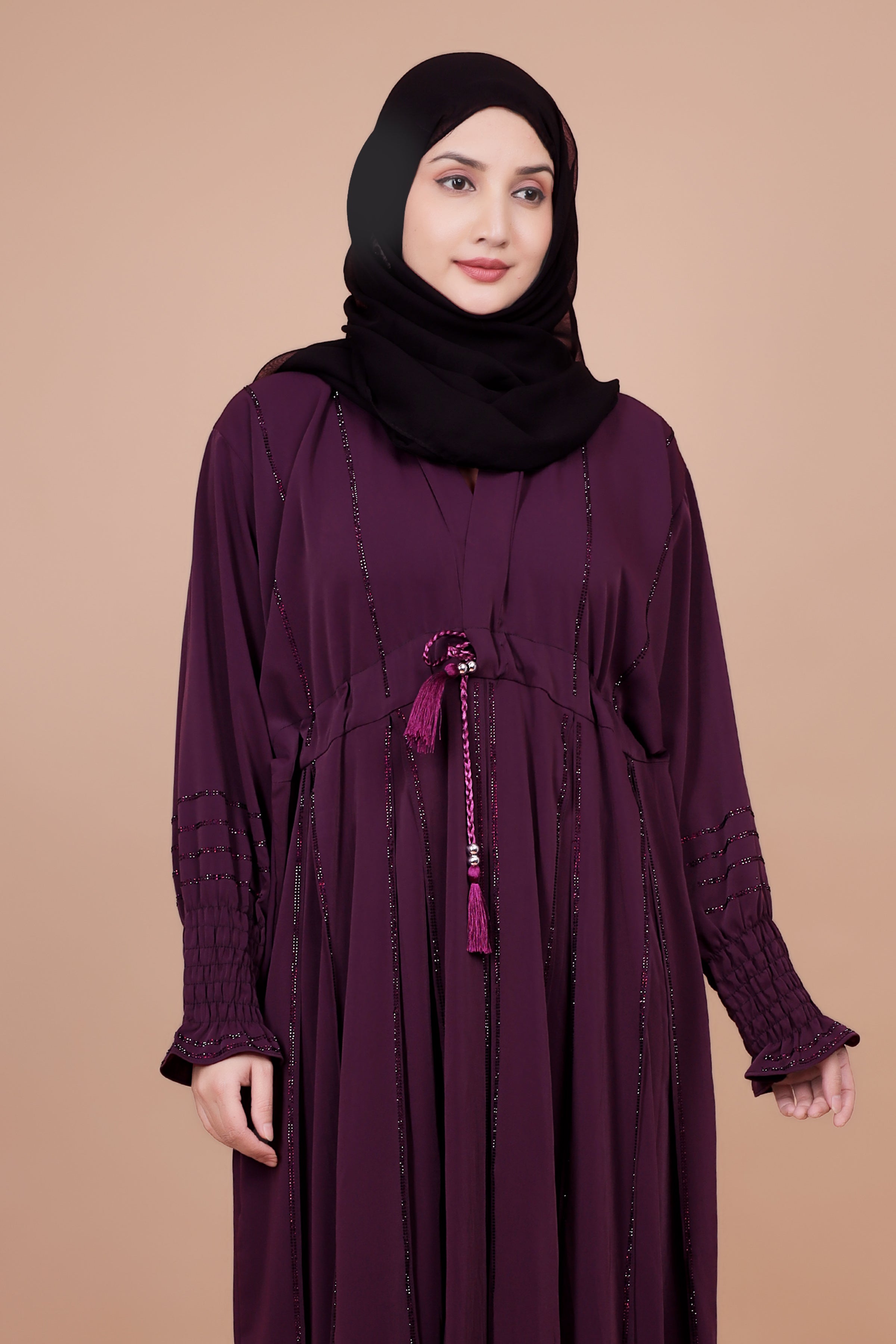 Royal Plum Embroidered Abaya with Waist Tassel