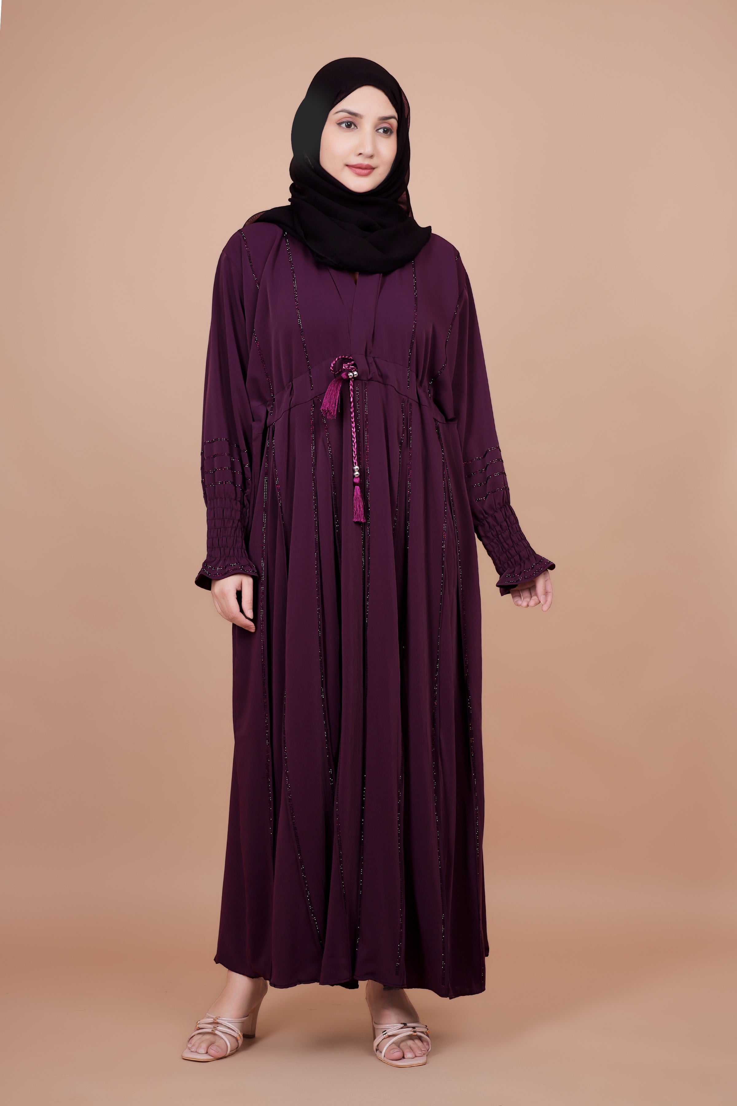Royal Plum Embroidered Abaya with Waist Tassel