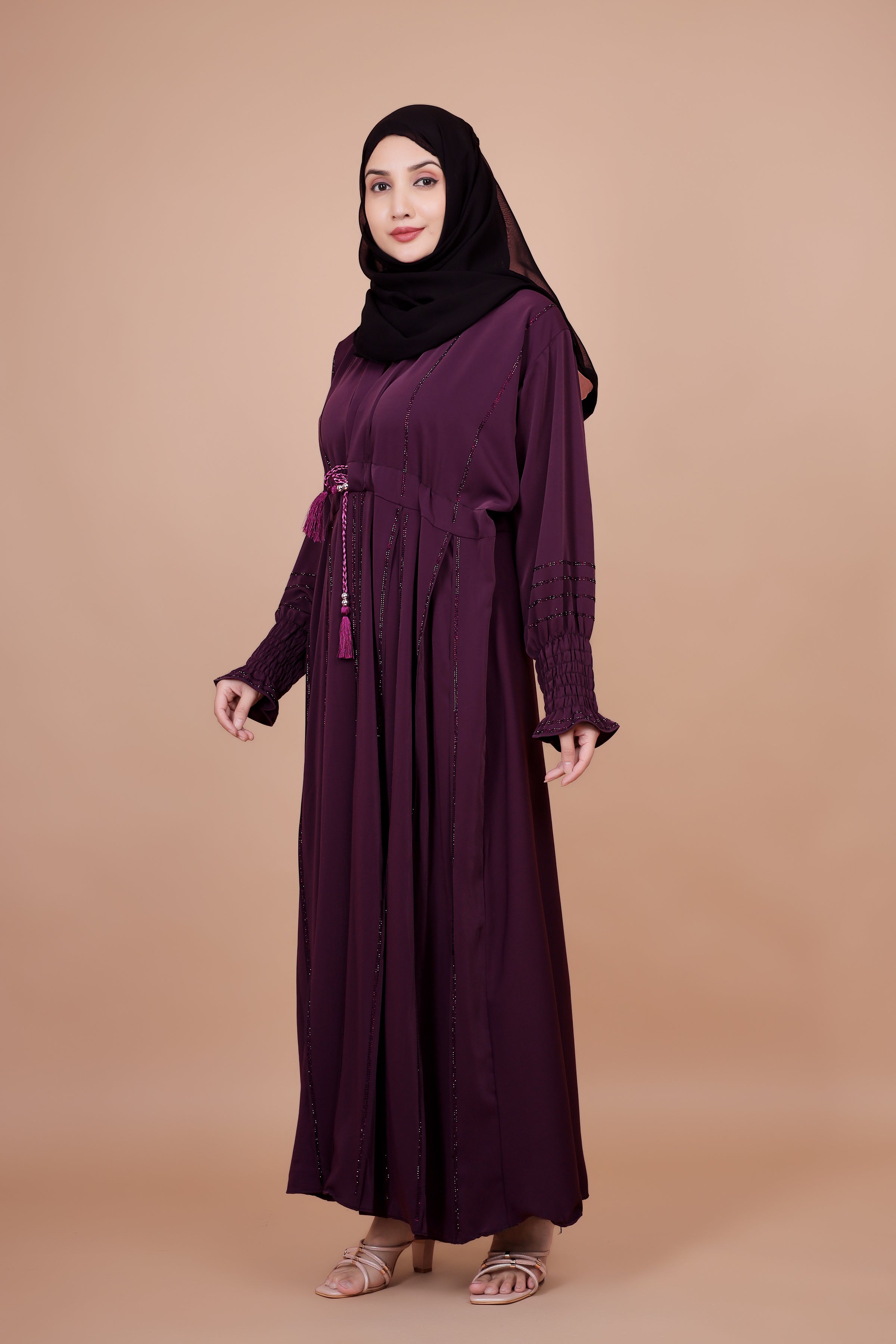 Royal Plum Embroidered Abaya with Waist Tassel