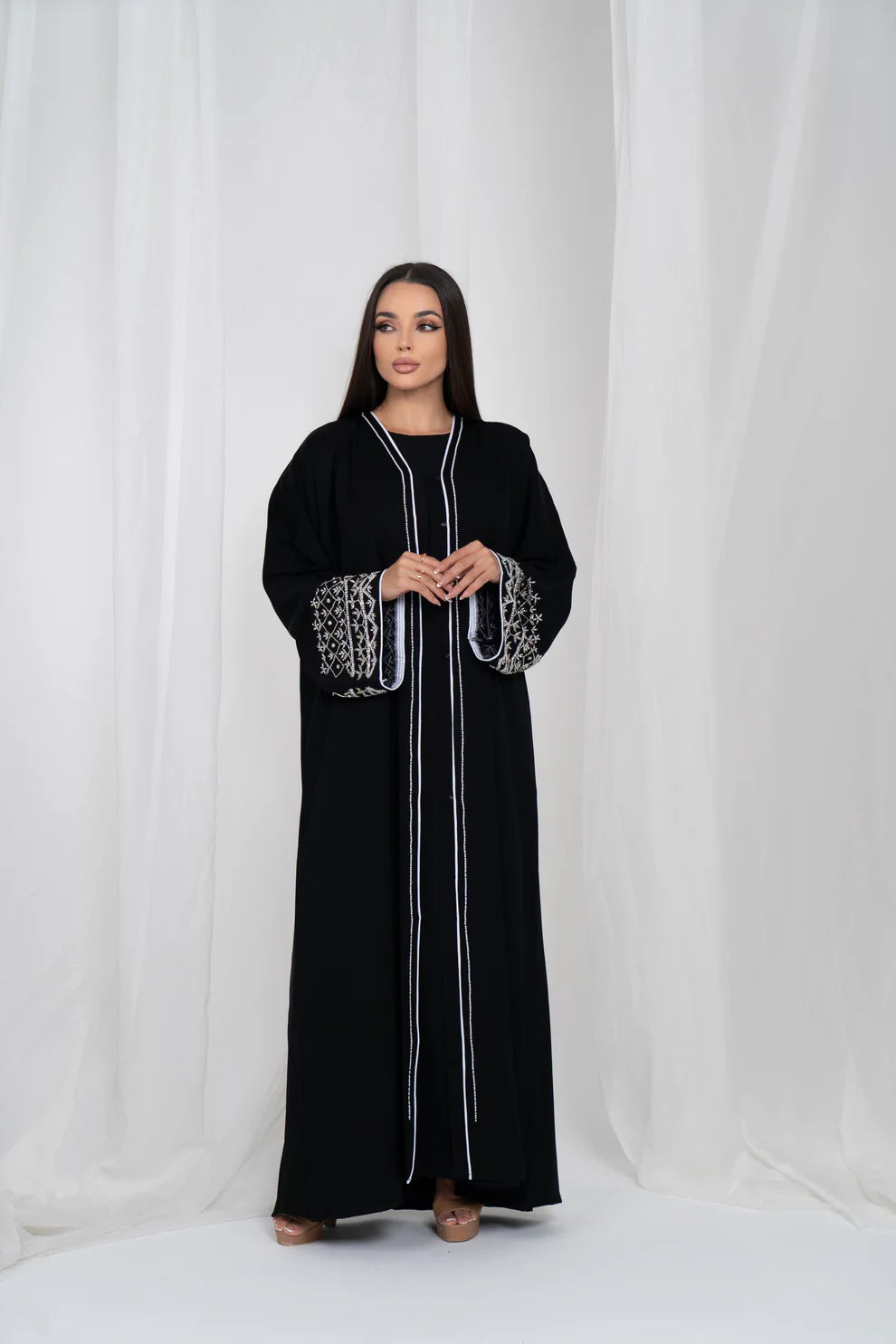 Royal Black Embellished Sleeves Abaya Set