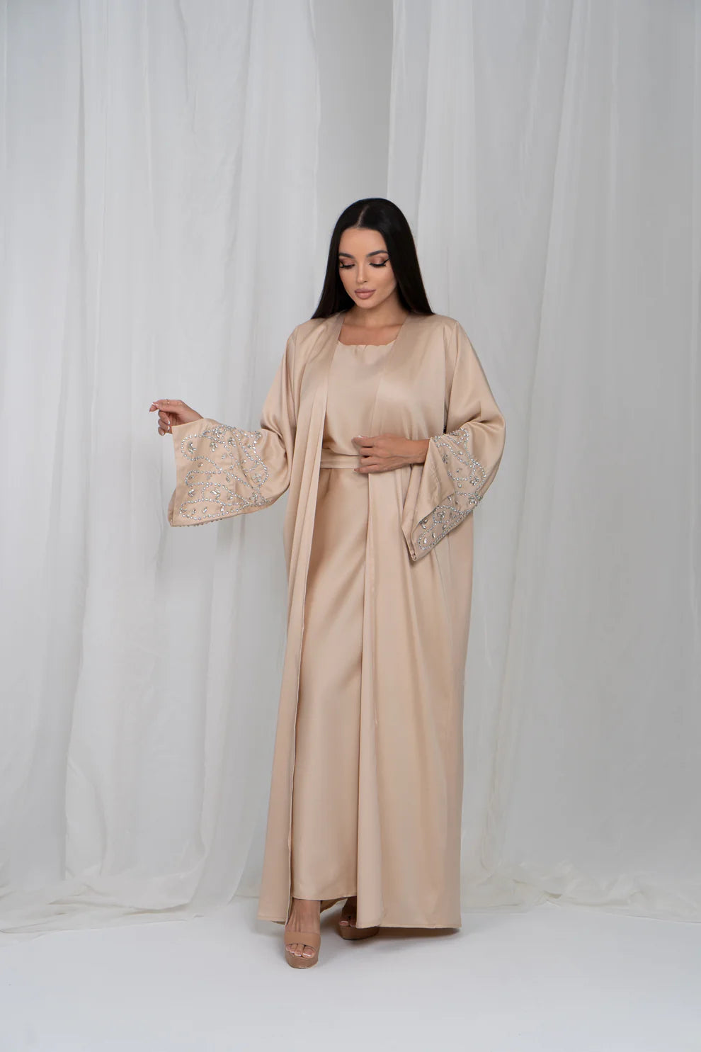 Embellished Sleeves Abaya Set - Beige