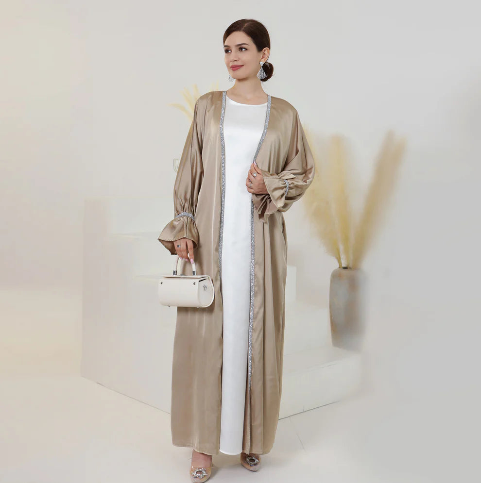 Elegant Satin Open Abaya with Crystal Trim