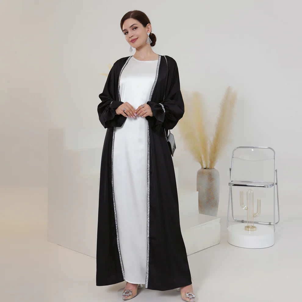 Elegant Satin Open Abaya with Crystal Trim