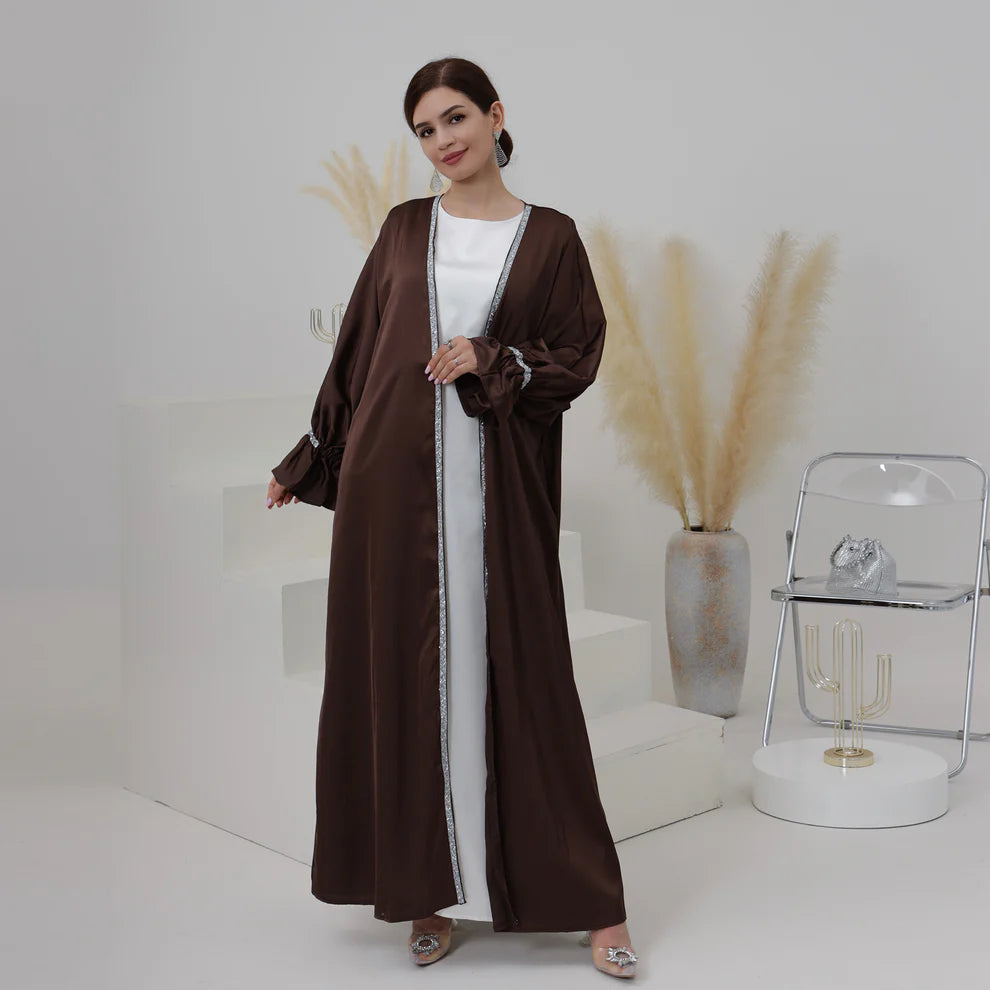Elegant Satin Open Abaya with Crystal Trim