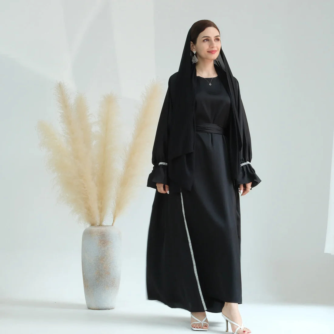 Elegant Satin Open Abaya with Crystal Trim