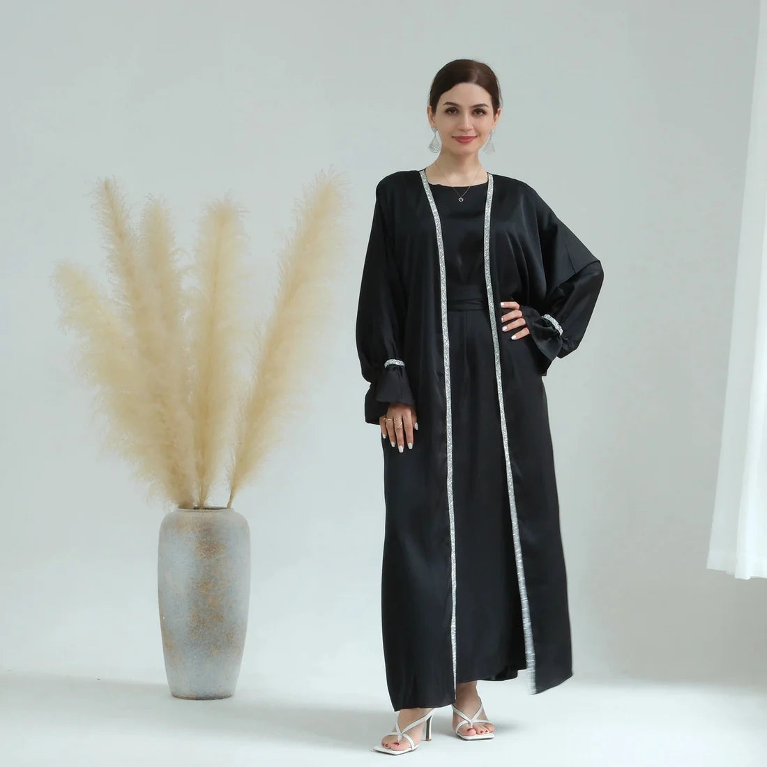Elegant Satin Open Abaya with Crystal Trim